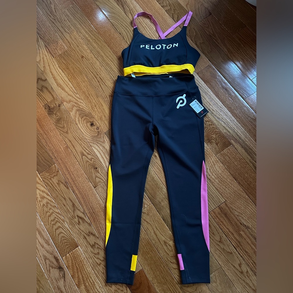 Peloton Set Black Leggings with Yellow & Pink Side Panels